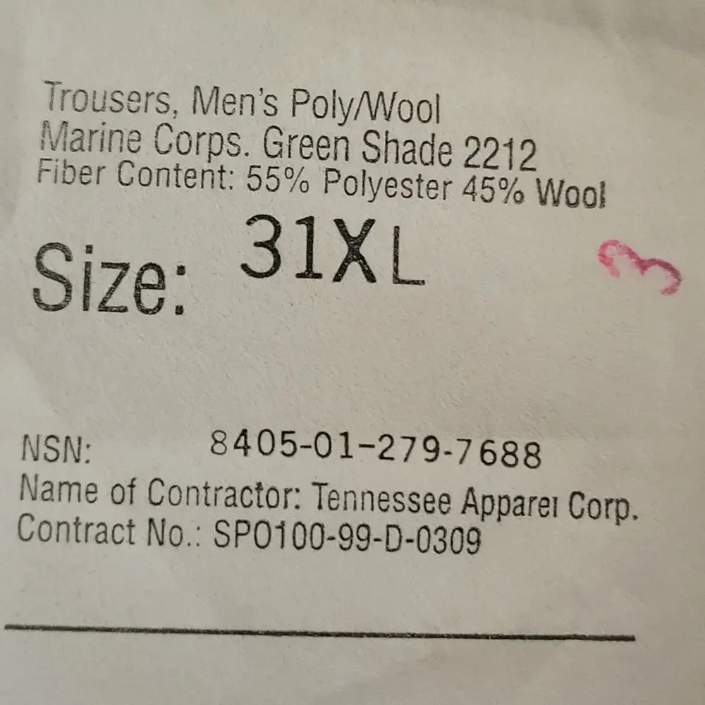 Tennessee Apparel Trousers Men 31XL Green USMC Marine Corps 2212 Military Belted